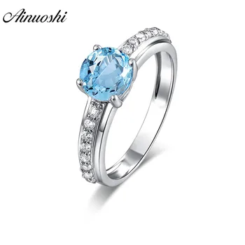 

AINUOSHI Natural Blue Topaz Ring Engagement Wedding Ring Row Drill 1.25ct Round Cut Gems Ring 925 Sterling Silver Women Jewelry