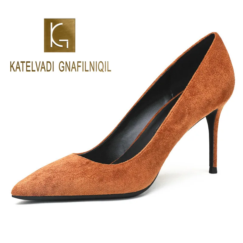 

KATELVADI Shoes Women Pumps 8CM High Heels Brown Flock Fashion Wedding Shoes Pointed Toe Sexy Party Shoes For Women,K-320