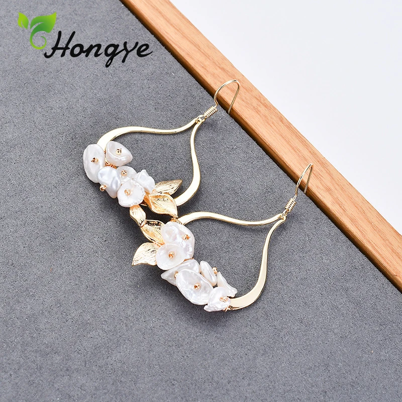 

Hongye Female Gorgeous Real Silver Earrings Oval Dangling Natural Freshwater Pearl Fashion Jewelry Designer Gold Tone Brincos