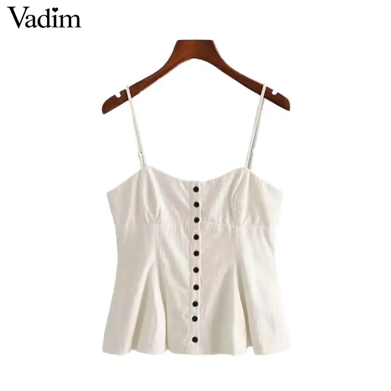 Vadim women sexy white crop top V neck sleeveless button decrorate camis adjustable strap short style female top WA263
Vadim women sexy white crop top V neck sleeveless button decrorate camis adjustable strap short style female top WA263