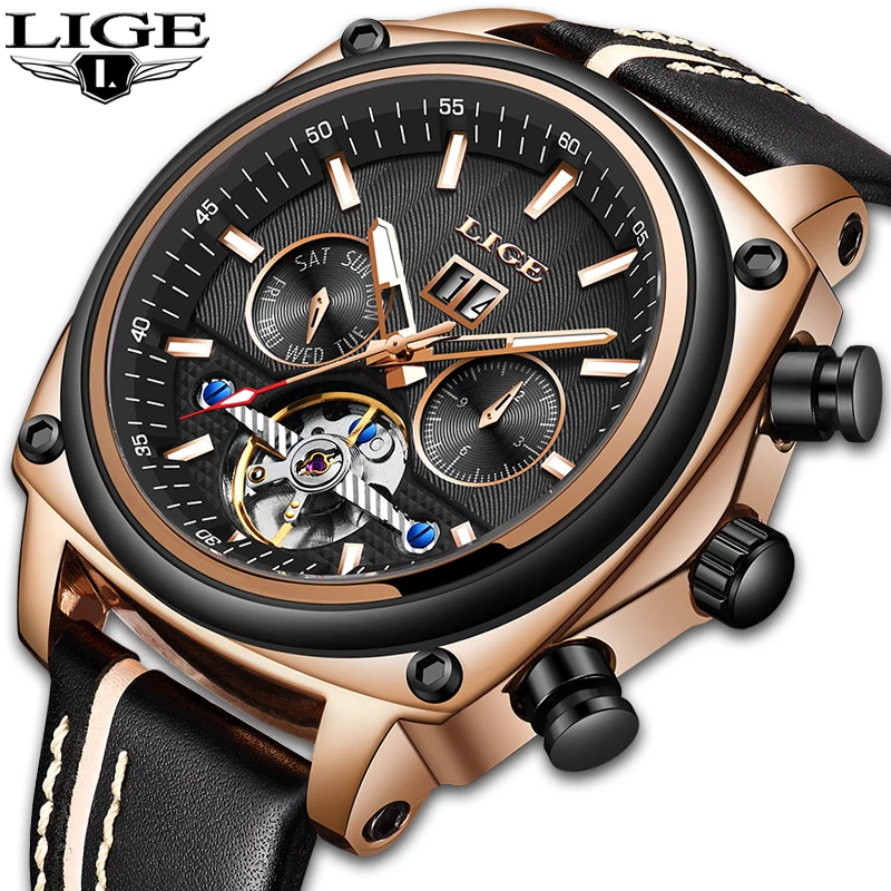 

LIGE Brand Men Watches Automatic Mechanical Watch Tourbillon Sport Clock Leather Casual Business Retro Wristwatch Relojes Hombre