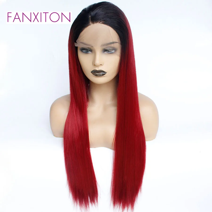 FANXITON Red Wigs Synthetic Lace Front For Black Women Straight Long Cosplay Ombre Glueless Hair | Шиньоны и парики
