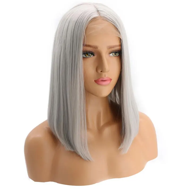 

Bombshell Short Bob Synthetic Lace Front Wig Glueless Silver Grey Straight Heat Resistant Fiber Hair Middle Parting For Women