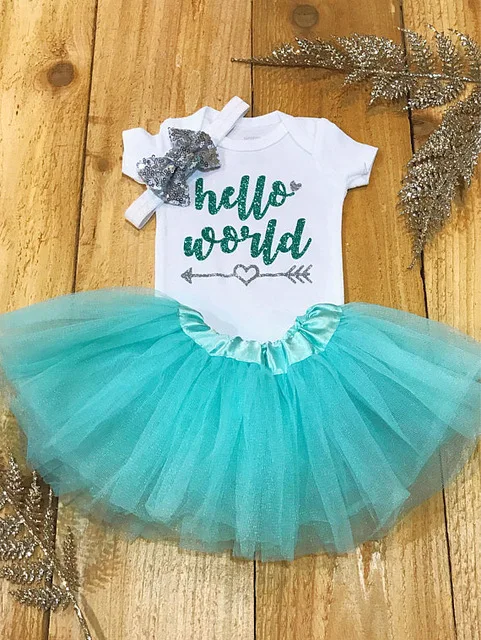 

Customiz Hello world baby shower coming home Newborn infant bodysuit onepiece Tutu Dress romper Outfit Sets birthday party gifts