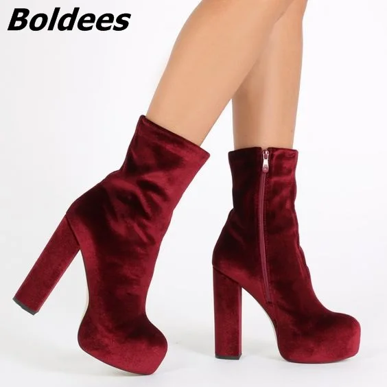 

Gorgeous Women Soft Velvet Burgundy Block Heels Ankle Boots Simply Design Round Toe Chunky Heel Platform Short Boots Celebrity