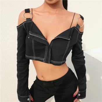 Contrast Color Top Stitching Women Off Shoulder Crop Long Sleeve Top Shoulder Straps Front Zipper Sexy Spring Black Top T-shirt
Contrast Color Top Stitching Women Off Shoulder Crop Long Sleeve Top Shoulder Straps Front Zipper Sexy Spring Black Top T-shirt