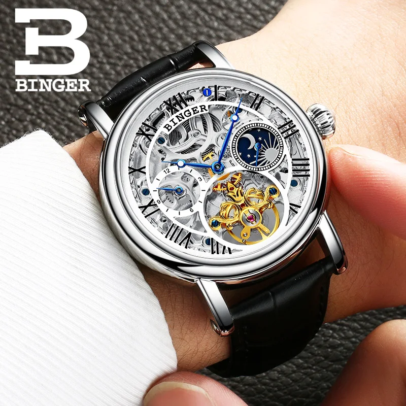 Люксовый бренд Switzerland BINGER мужские часы Tourbillon водонепроницаемые механические