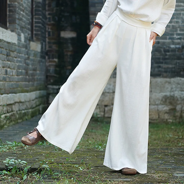 LZJN 2019 Spring Summer Culottes Pants Vintage Cotton Linen Pants Loose Full Length Trousers Women Wide Leg Pants White 3 Colors (26)