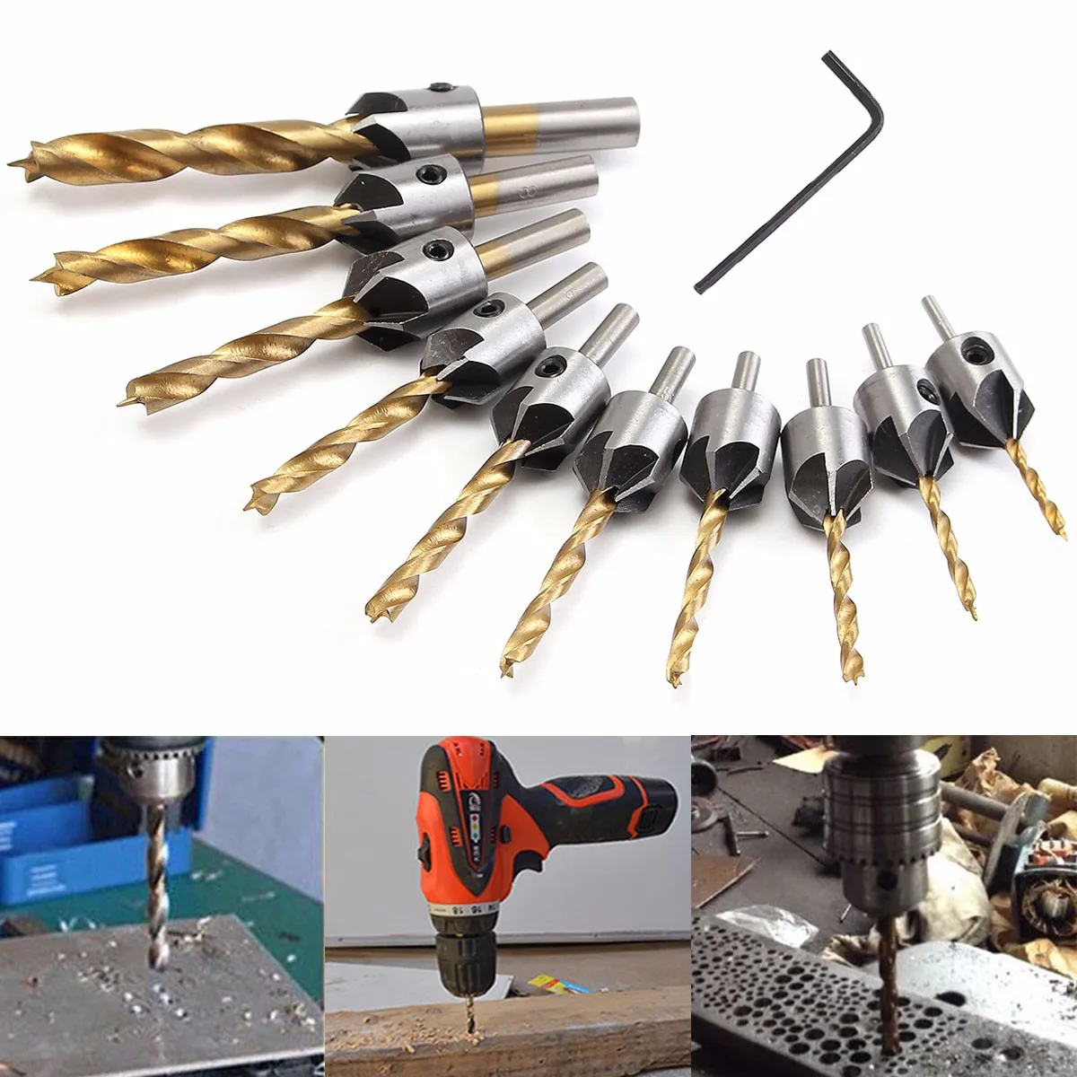 High Speed Steel Metal Coat Typical Twist Countersink Drill Bit Set Tool 3/4.5/5/5.5/6mm HSS Drill Bit + Wrench
High Speed Steel Metal Coat Typical Twist Countersink Drill Bit Set Tool 3/4.5/5/5.5/6mm HSS Drill Bit + Wrench