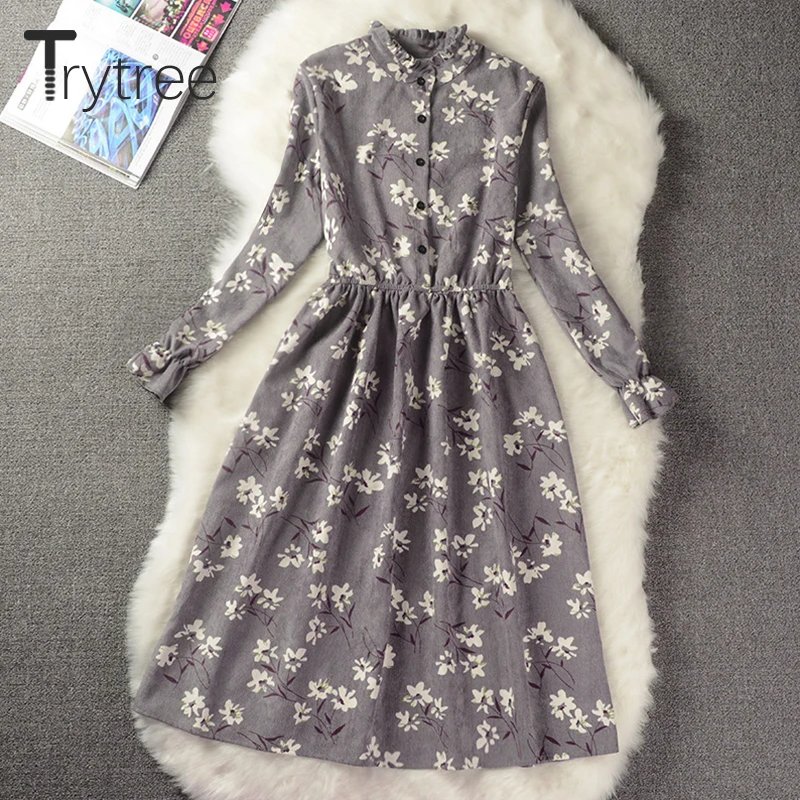 Trytree Spring Summer Corduroy Floral Dress Women Casual A-line Dress full Sleeve shirt Ruffled t shirt Dress Knee Lenght Dress
Trytree Spring Summer Corduroy Floral Dress Women Casual A-line Dress full Sleeve shirt Ruffled t shirt Dress Knee Lenght Dress