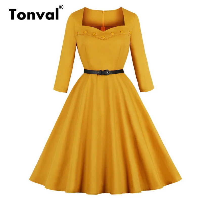 Tonval Retro Flare A Line Vintage Yellow Dress Women Button Hepburn Solid Dresses 2019 Autumn 3/4 Sleeve Elegant Dress
Tonval Retro Flare A Line Vintage Yellow Dress Women Button Hepburn Solid Dresses 2019 Autumn 3/4 Sleeve Elegant Dress