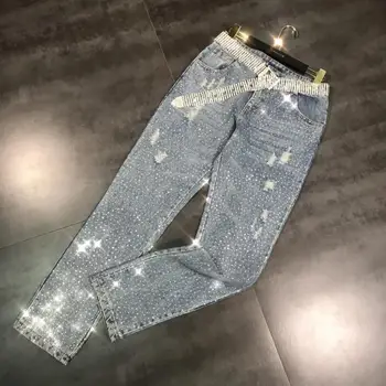 2019 Summer New Holes Ripped Heavy Industry Bright Shiny Personality Diamond Denim Pants Women's Blue Jean with Belt
2019 Summer New Holes Ripped Heavy Industry Bright Shiny Personality Diamond Denim Pants Women's Blue Jean with Belt