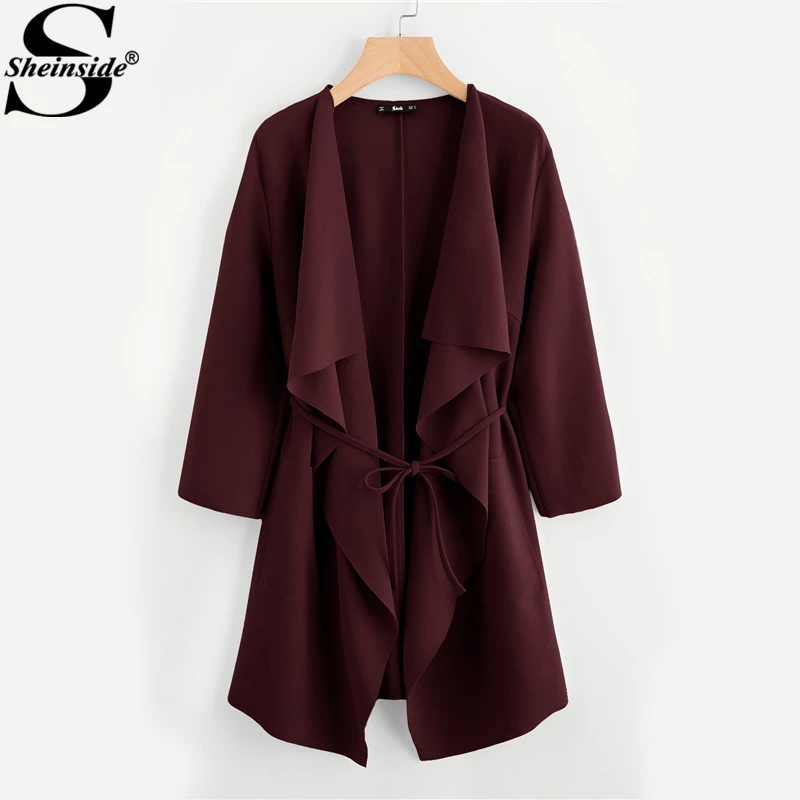 

Sheinside Waterfall Collar Trench Coat Women Pocket Front Wrap Burgundy Long Sleeve With Belt Outerwear Autumn Elegant Coat
