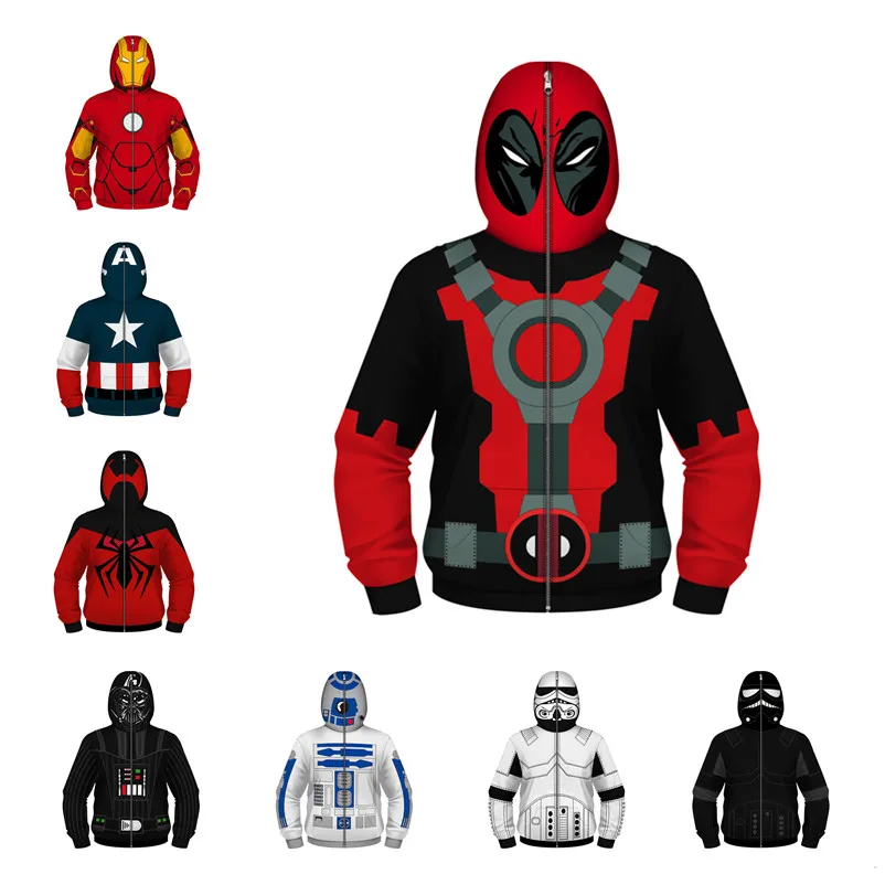 

New Anime Deadpool Star Wars Cosplay Costumes Spider-Man Kids Child Hoodies Sweatshirts 3D Print Pullover Sweater Jackets Coat