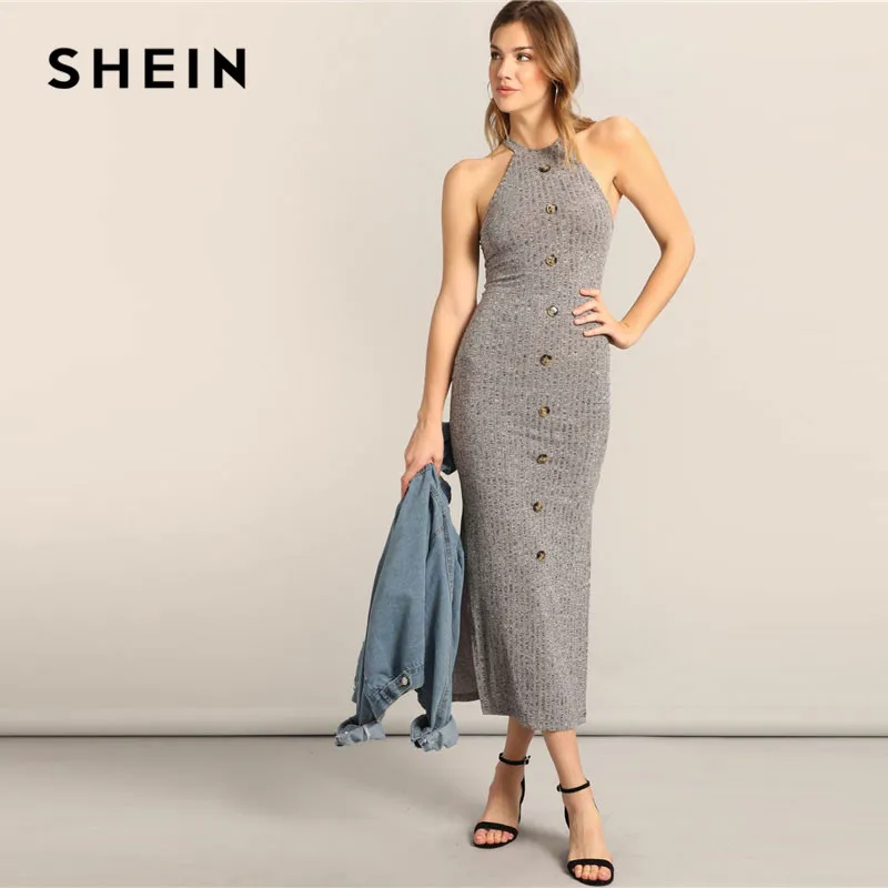 

SHEIN Grey Cutout Back Slit Side Marled Halter Sexy Maxi Dress Women Summer Sleeveless Solid Glamorous Long Bodycon Dress
