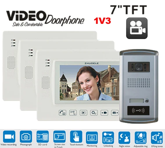 ZHUDELE 7" video door phone doorbell intercom system home access control RFID recoreding +power supply in stock 1v3 | Безопасность и