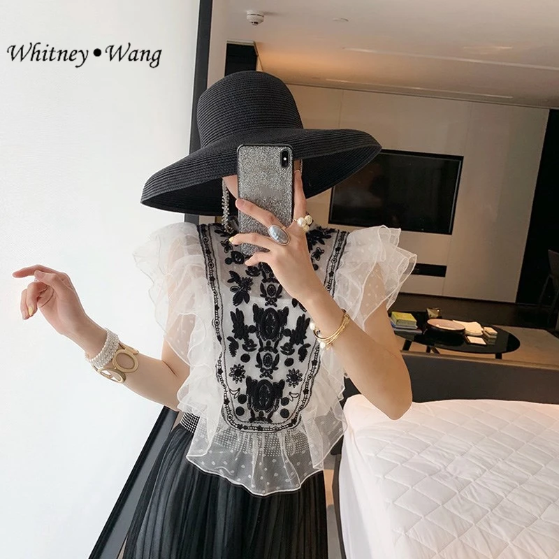 

WHITNEY WANG 2019 Summer Fashion Streetwear Vintage Style Embroidery Dot Ruffles Lace Blouse Women blusas Office Lady Shirt Tops