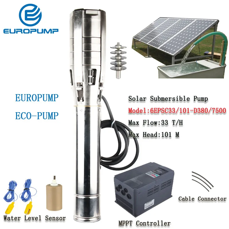 

EUROPUMP Solar Pump 6Inch 10HP outlet 3" Max Lift 101M Flow 33000LPH DC Solar Water Pump With MPPT MODEL(6EPSC33/101-D380/7500)