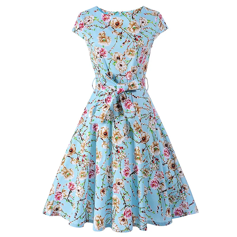 Kostlish Floral Print Summer Sundress 2017 Short Sleeve Belt Tunic Vintage Dress Women Elegant Swing Rockabilly Party Dresses (7)