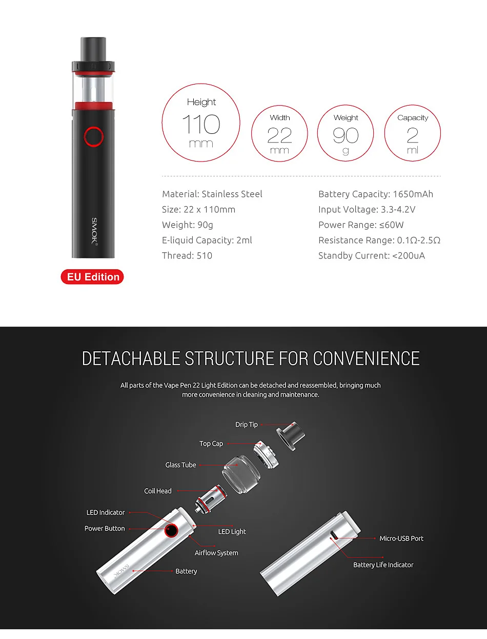 Original SMOK Vape Pen 22 Light Edition with 1650mAh Battery + Atomizer 4ml + Mesh/Strip Coil vs Vape pen 22/Stick prince kit