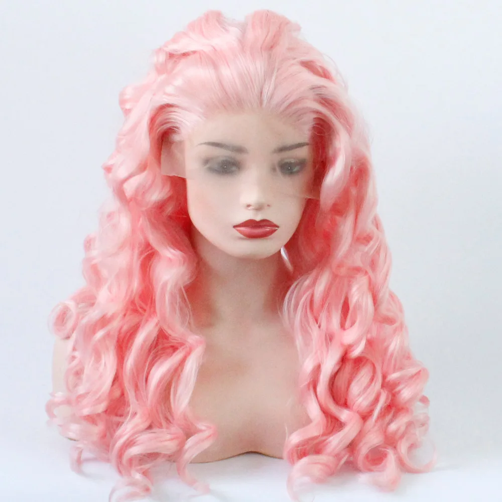 Long Loose Wave Wig Baby Pink Synthetic Lace Front Wigs Heat Resistant Fiber Soft Hair for Women -2