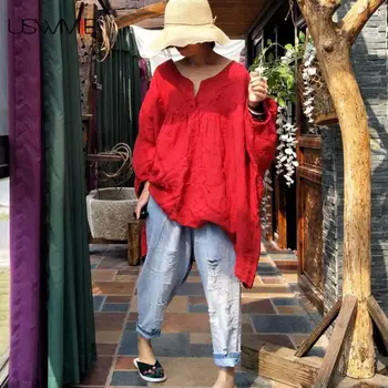 USWMIE 2020 Summer Women Blouses New Vintage V-neck Loose Batwing Sleeve Solid Color Shirt Oblique Button Plus Size Red Tops
USWMIE 2020 Summer Women Blouses New Vintage V-neck Loose Batwing Sleeve Solid Color Shirt Oblique Button Plus Size Red Tops