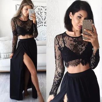 Sexy Two Piece Set Prom Gown Split Prom Gowns Vestido De Festa Black Long Sleeve Wedding Party Dress
Sexy Two Piece Set Prom Gown Split Prom Gowns Vestido De Festa Black Long Sleeve Wedding Party Dress