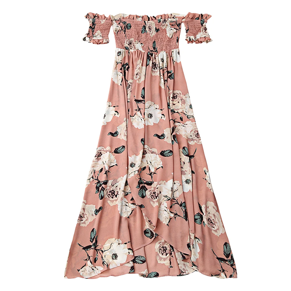 AZULINA Ruffles Off Shoulder Shirred Floral Maxi Dress Boho Tunic Women Short Sleeve Bohemian Long Dress Female 2017 Robe Femme 3