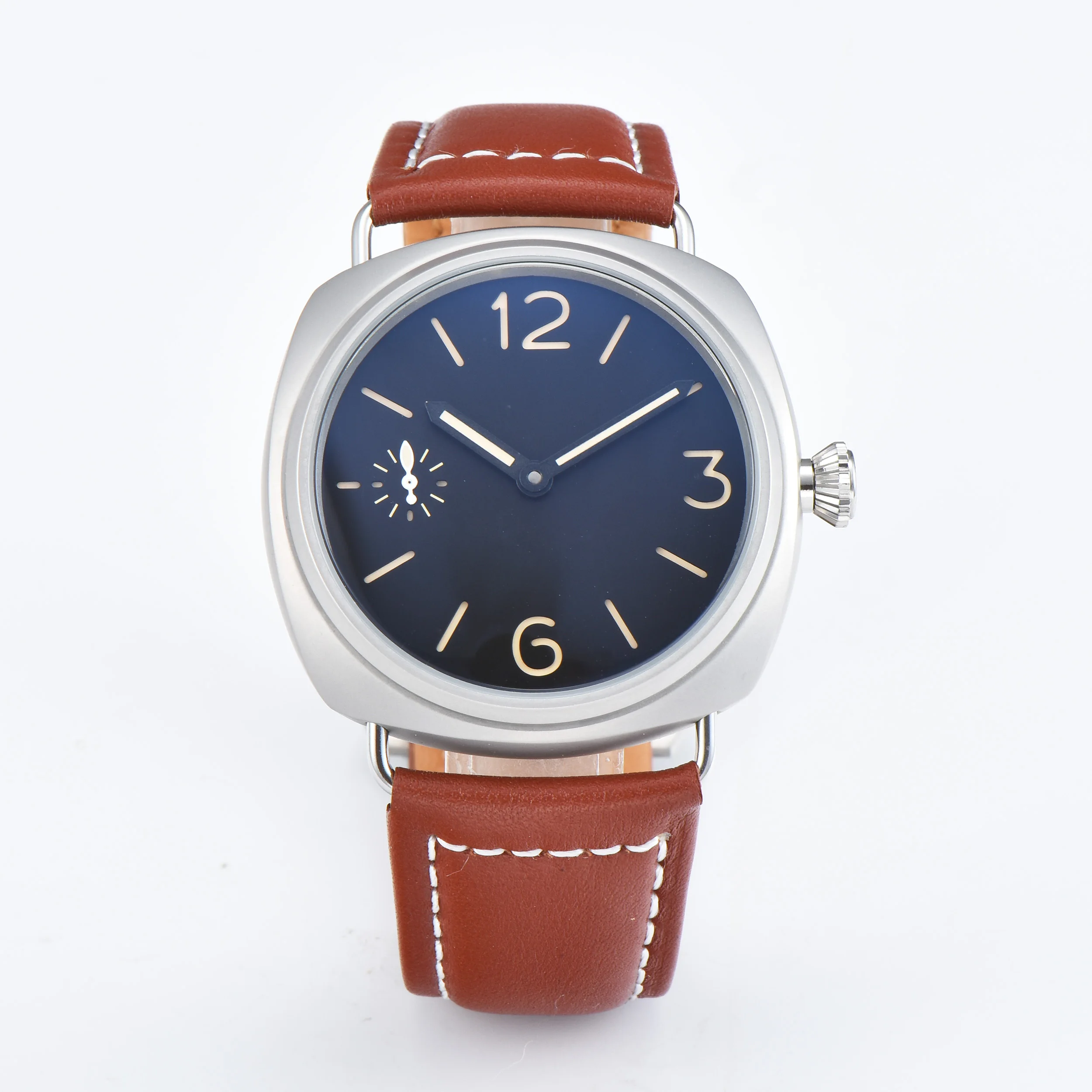 Watch 45mm fashion men's manual winding movement brown leather strap polishing 316L transparent back cover 630-6
Watch 45mm fashion men's manual winding movement brown leather strap polishing 316L transparent back cover 630-6