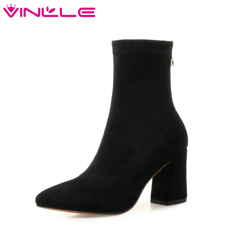 VINLLE 2019 Women Shoes Ankle Boots Square High Heel Elegant Flock Pointed Toe Sweet Style Ladies Motorcycle Shoes Size 34-39 
VINLLE 2019 Women Shoes Ankle Boots Square High Heel Elegant Flock Pointed Toe Sweet Style Ladies Motorcycle Shoes Size 34-39
