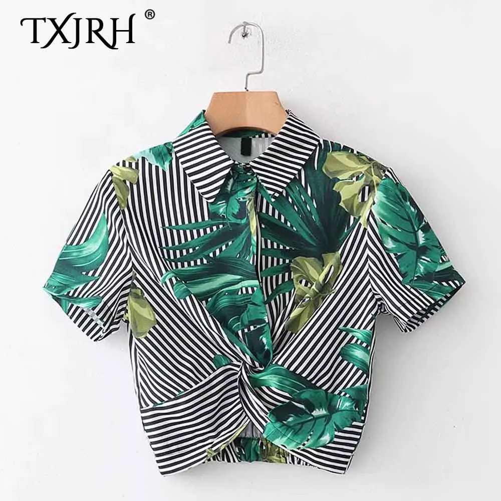 TXJRH Vintage Ethnic Leaves Print Striped Turn-down Collar Short Shirt Trendy Women Short Sleeve Blouse Knot Tied Bow Crop Tops
TXJRH Vintage Ethnic Leaves Print Striped Turn-down Collar Short Shirt Trendy Women Short Sleeve Blouse Knot Tied Bow Crop Tops