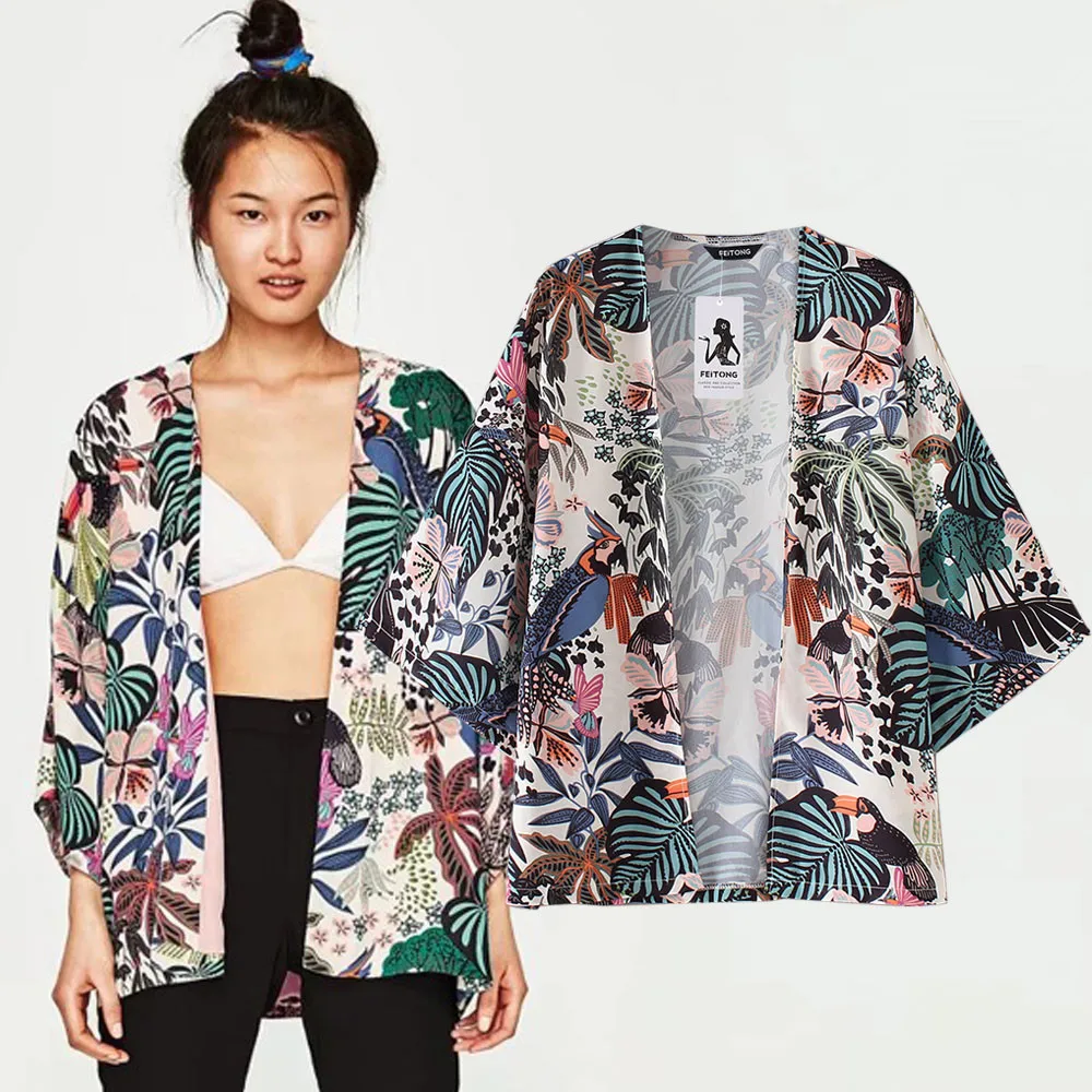 Женская куртка модное повседневное женское шифоновое кимоно с цветочным
