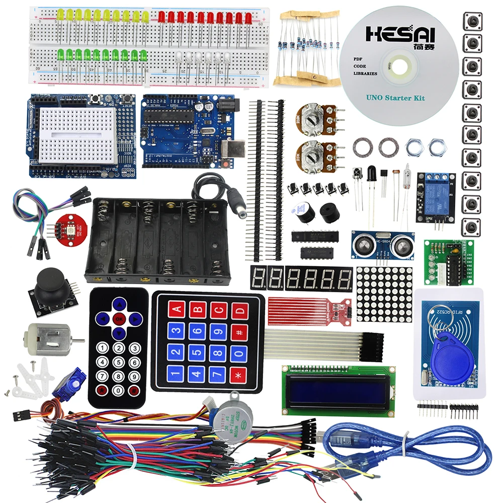 Starter Kit Uno R3 Breadboard and Holder Step Motor / Servo /1602 LCD / Jumper Wire/ With tutorial/ UNO R3 for DIY KIT
Starter Kit Uno R3 Breadboard and Holder Step Motor / Servo /1602 LCD / Jumper Wire/ With tutorial/ UNO R3 for DIY KIT