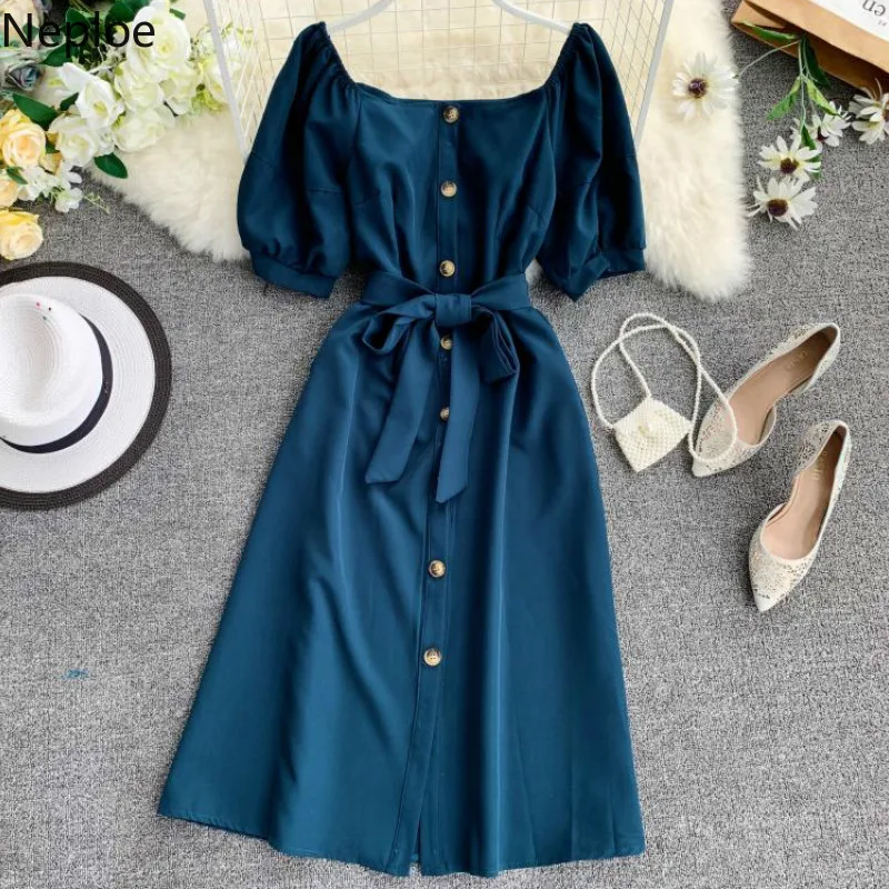 Neploe Solid Summer Women Dress 2020 Sweet Slash Neck Puff Sleeve Vestido Vintage Chic Single Breasted Bow High Waist Robe 43362
Neploe Solid Summer Women Dress 2020 Sweet Slash Neck Puff Sleeve Vestido Vintage Chic Single Breasted Bow High Waist Robe 43362