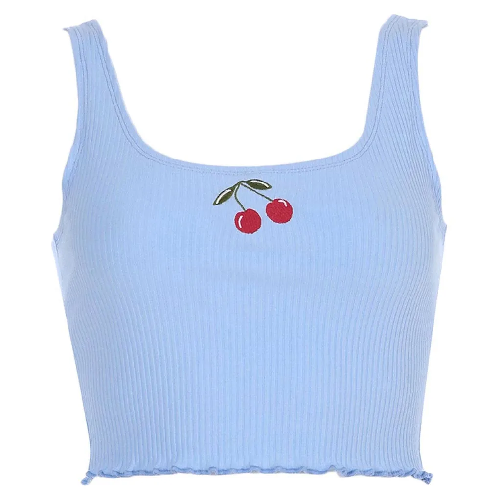

2018 Fashion Hot New Women's Summer Basic Sweet Cherry printing Sexy Strappy Sleeveless Racerback Crop Top High Quality #A