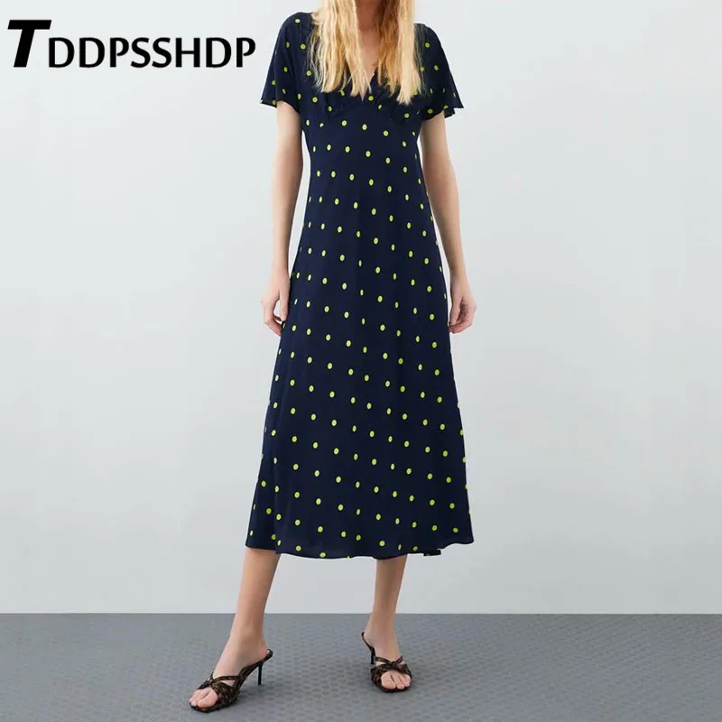 Polka Dot Printing Dark Blue Color Women Dress 2019 V Neck Prairie Chic Style Summer Female Dresses
Polka Dot Printing Dark Blue Color Women Dress 2019 V Neck Prairie Chic Style Summer Female Dresses
