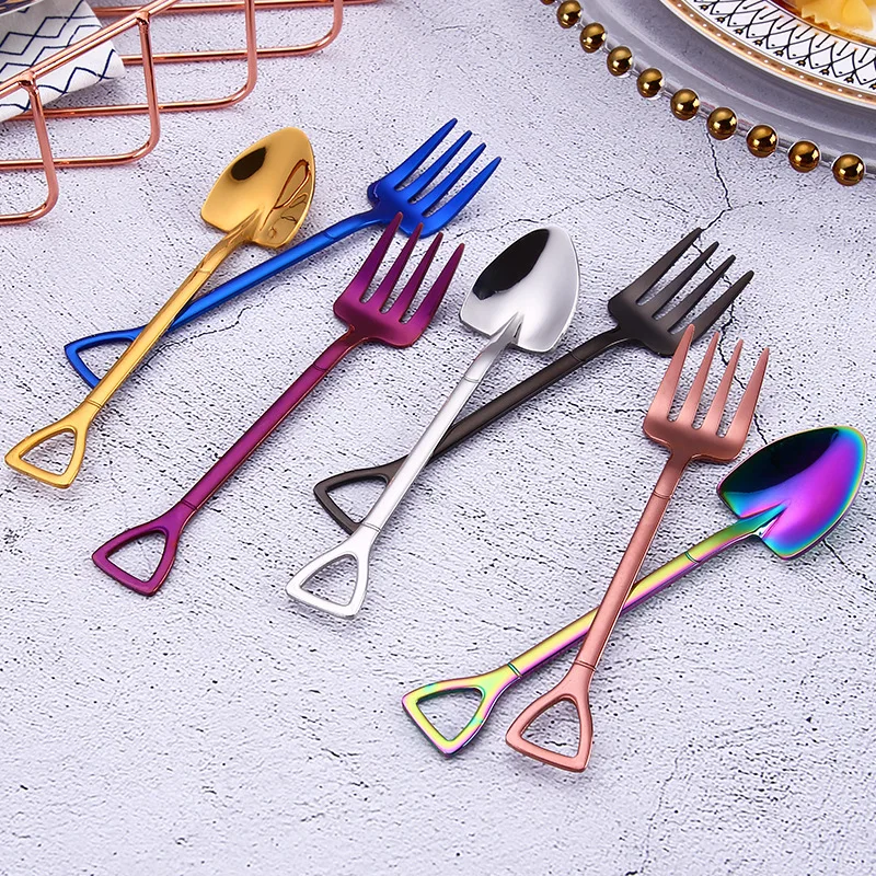 Creative 304 Stainless Steel Small Shovel Small Fork Colorful Gold-plated Tableware Delicate Stirring Coffee Tool 
Creative 304 Stainless Steel Small Shovel Small Fork Colorful Gold-plated Tableware Delicate Stirring Coffee Tool