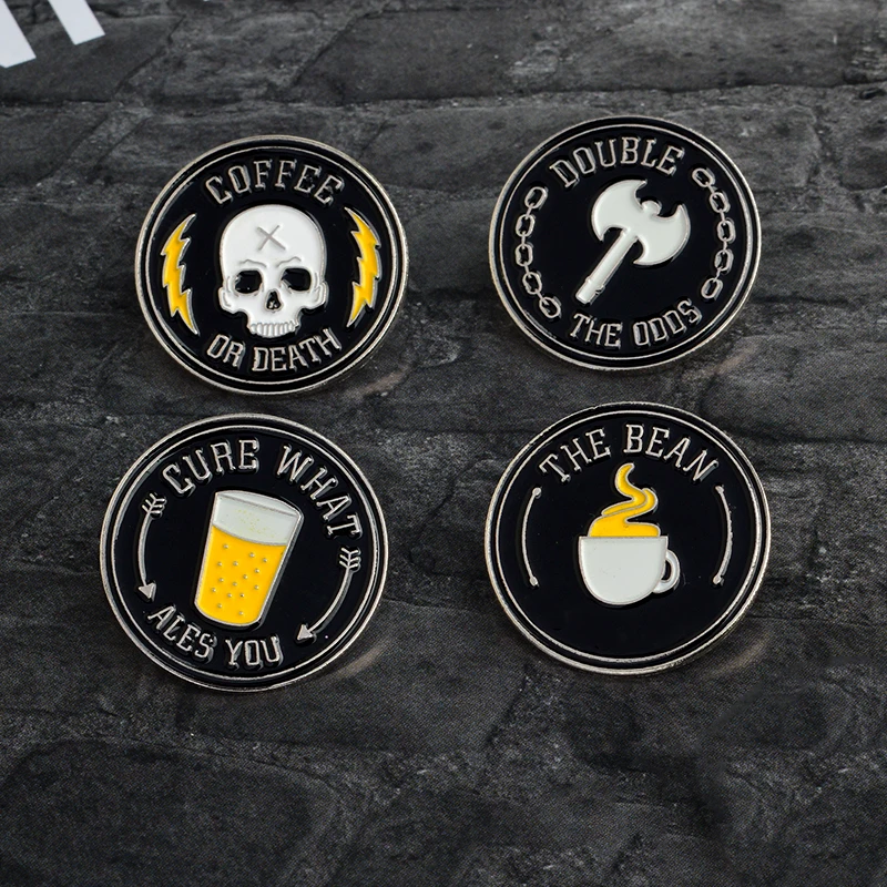 "CURE WHAT ALES YOU" "THE BEAN" "COFFEE OR DEATH" Ax Skull Coffee Drink Brooch Pins Black Round Enamel Pins Badge Punk Jewelry
"CURE WHAT ALES YOU" "THE BEAN" "COFFEE OR DEATH" Ax Skull Coffee Drink Brooch Pins Black Round Enamel Pins Badge Punk Jewelry