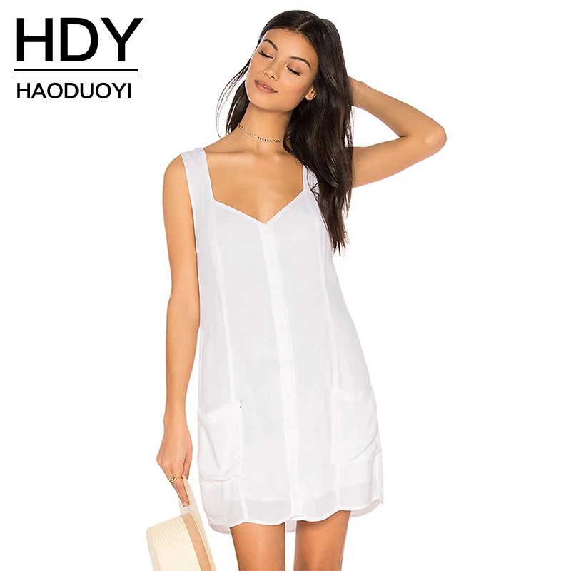 

HDY Haoduoyi 2019 Fashion Dress Women Casual Sleeveless Solid White Vestidos Brief Two Pockets V-neck Backless Summer Mini Dress