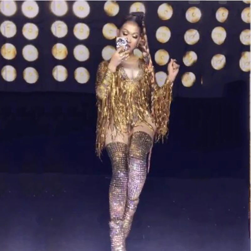 Gold Fringes Rhinestones Sexy Bodysuit Women Jazz Dance Big Stretch Leotard Outfit Evening Show One-piece Sexy Costume Wear
Gold Fringes Rhinestones Sexy Bodysuit Women Jazz Dance Big Stretch Leotard Outfit Evening Show One-piece Sexy Costume Wear