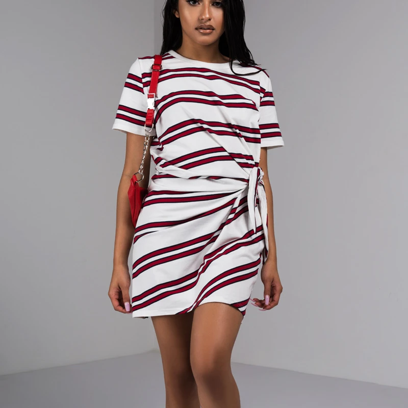 AKIRA Women's Striped Wrap Tie Waist Mini Cotton Knit Tshirt Dress (4)