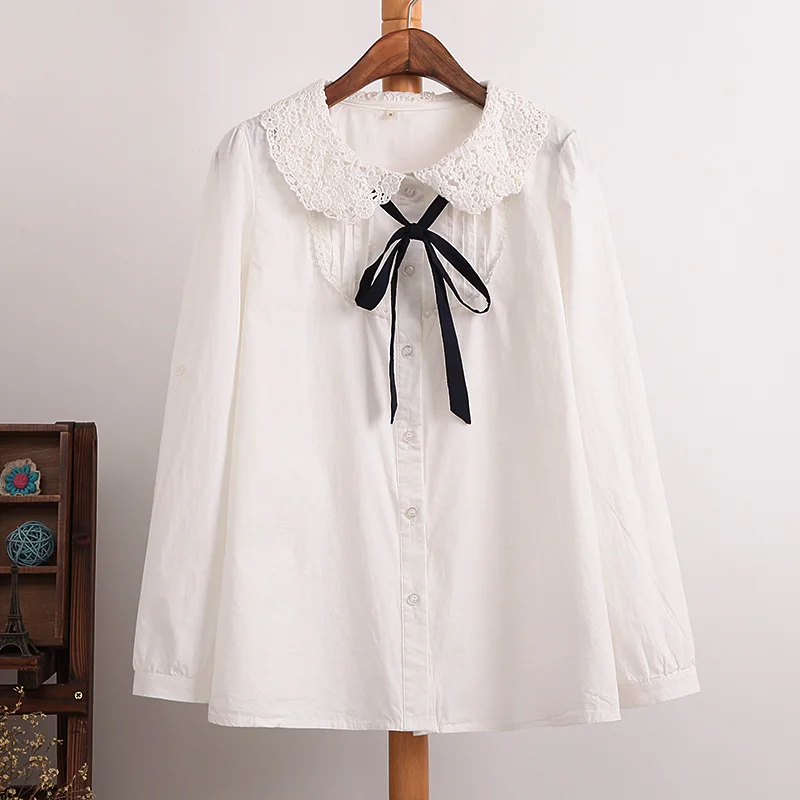 Female Preppy Style Sweet Cute peter pan collar Blouse Cotton casual shirt Lace collar bow full sleeve shirts solid color tops
Female Preppy Style Sweet Cute peter pan collar Blouse Cotton casual shirt Lace collar bow full sleeve shirts solid color tops