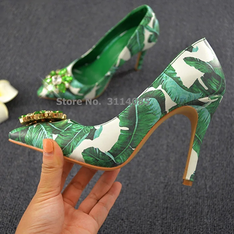 Woman Floral Gem Crystal Green Banana Leafs Printed Pumps Pointed Toe Bling Bling Beaded Stiletto Heel Wedding Dress Heels Shoes
Woman Floral Gem Crystal Green Banana Leafs Printed Pumps Pointed Toe Bling Bling Beaded Stiletto Heel Wedding Dress Heels Shoes
