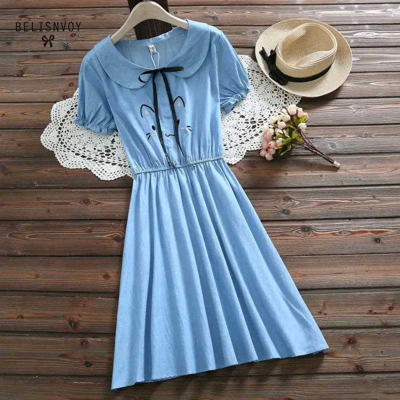 Japanese Mori Girl Summer Women Denim Dress Blue Cute Cartoon Embroidery Vestidos Elegant Vintage Kawaii Lady Cute Dress
Japanese Mori Girl Summer Women Denim Dress Blue Cute Cartoon Embroidery Vestidos Elegant Vintage Kawaii Lady Cute Dress