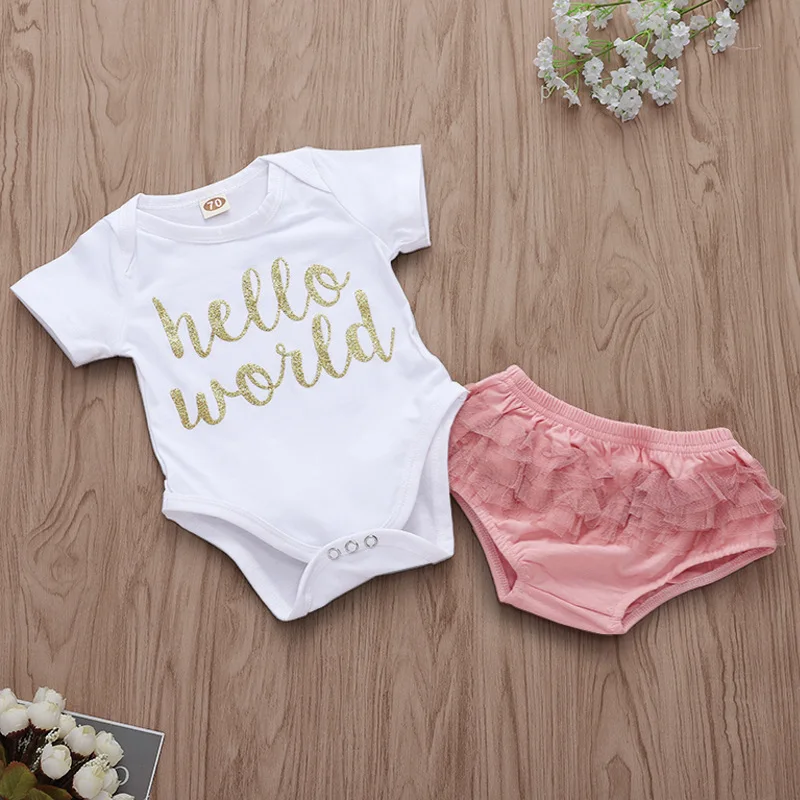 EAZII Hello World Print Newborn Infant Baby Girl Romper Jumpsuit With Underwear Short Sleeve Sunsuit Summer Clothes Outfit 0-24M EAZII Hello World Print Newborn Infant Baby Girl Romper Jumpsuit With Underwear Short Sleeve Sunsuit Summer Clothes Outfit 0-24M