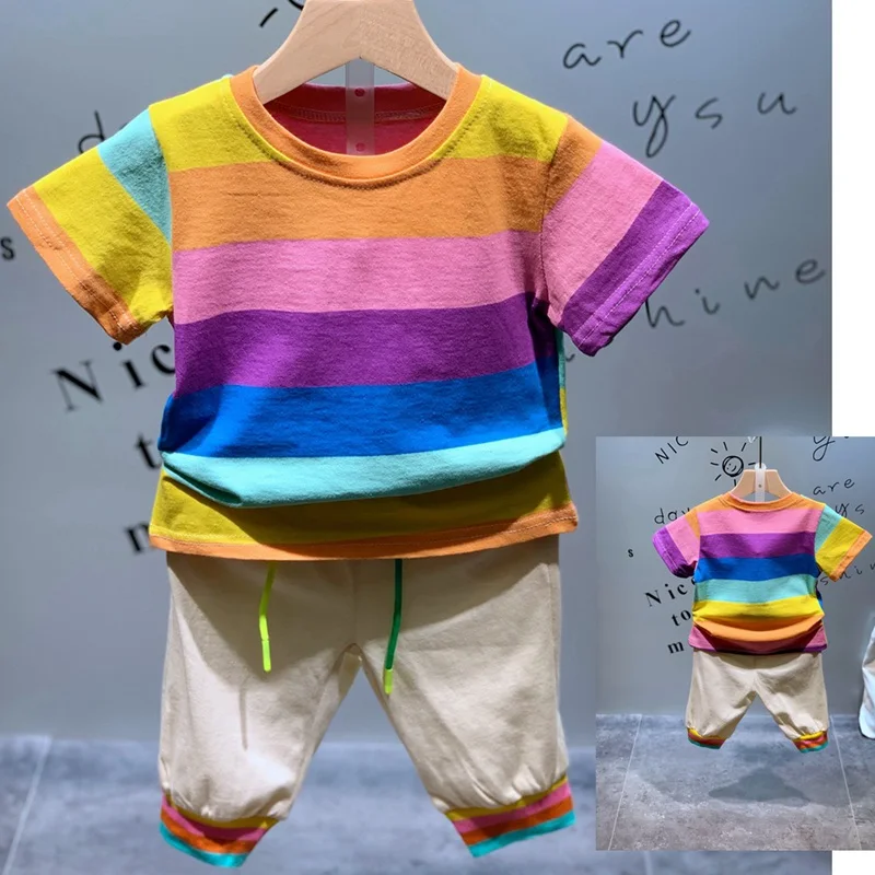 2019 Summer Children kid's For 2-7 year boy casual Rainbow striped t-shirt tops+casual shorts pant 2 pcs Clothes Set C2918
2019 Summer Children kid's For 2-7 year boy casual Rainbow striped t-shirt tops+casual shorts pant 2 pcs Clothes Set C2918