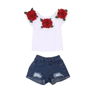 2017 New Fashion Children Girls Off shoulder Floral T-shirt Tops+Hole Denim Short Jean 2PCS Rose Flower Suit Clothing Set 1-6Y
2017 New Fashion Children Girls Off shoulder Floral T-shirt Tops+Hole Denim Short Jean 2PCS Rose Flower Suit Clothing Set 1-6Y