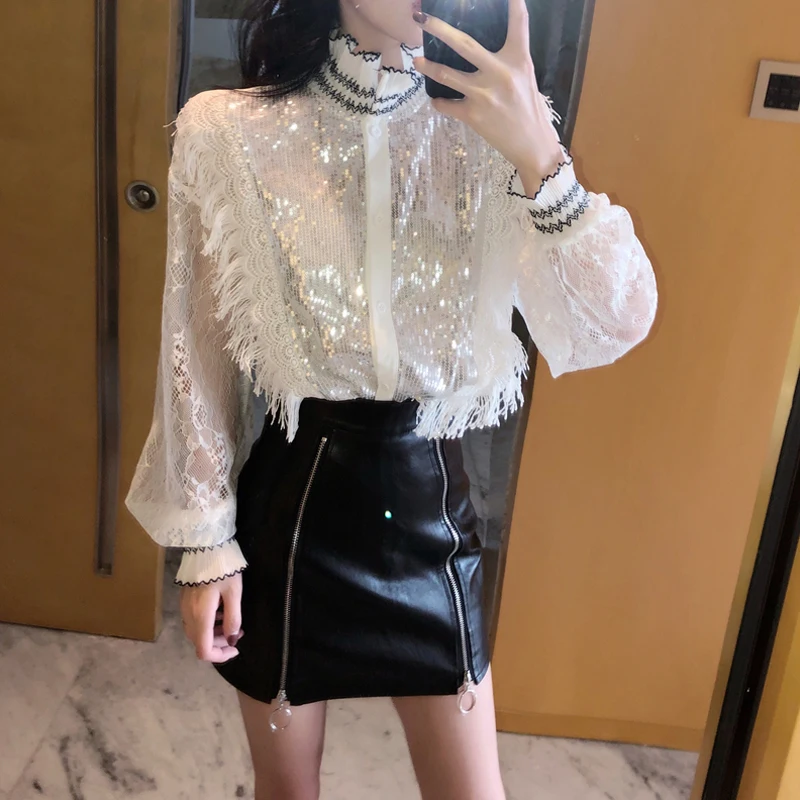 New Luxury Women Crystal Sequins Blouse Lace Black White Shirts Sexy Blusas Camisa Party Clubs Hollow Elegant OL Shirts Blusa
New Luxury Women Crystal Sequins Blouse Lace Black White Shirts Sexy Blusas Camisa Party Clubs Hollow Elegant OL Shirts Blusa