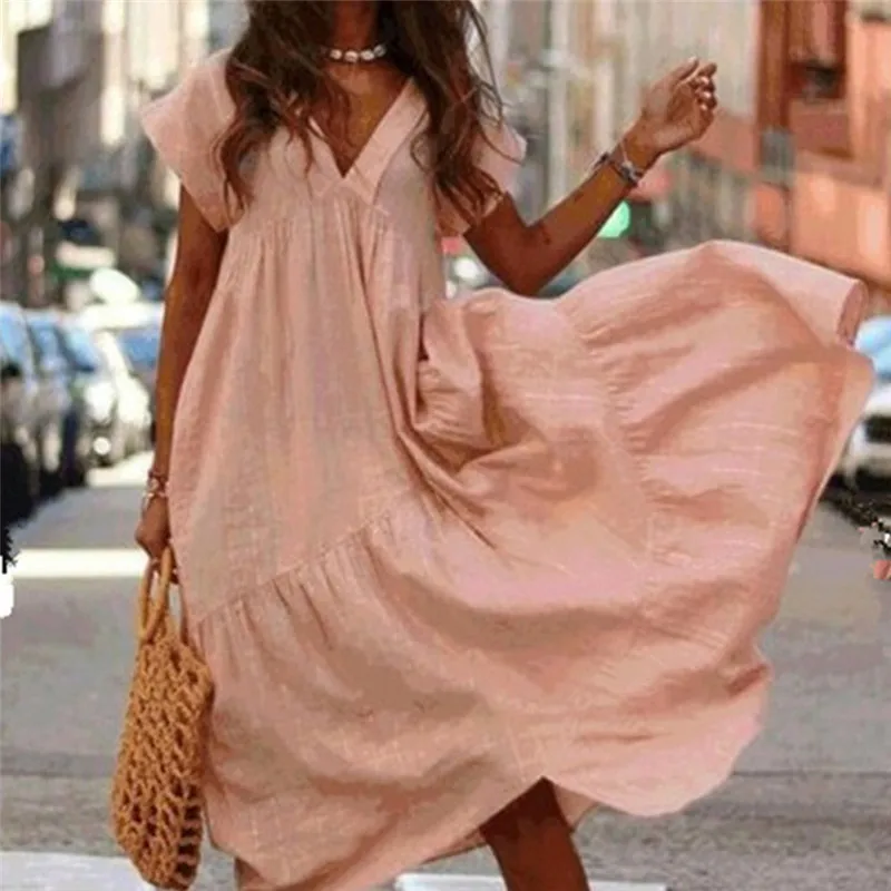 Women Beacch Style Loose Dress Short Sleeve V-neck Ladies Casual Holiday Beach Ankle-Length Dress
Women Beacch Style Loose Dress Short Sleeve V-neck Ladies Casual Holiday Beach Ankle-Length Dress