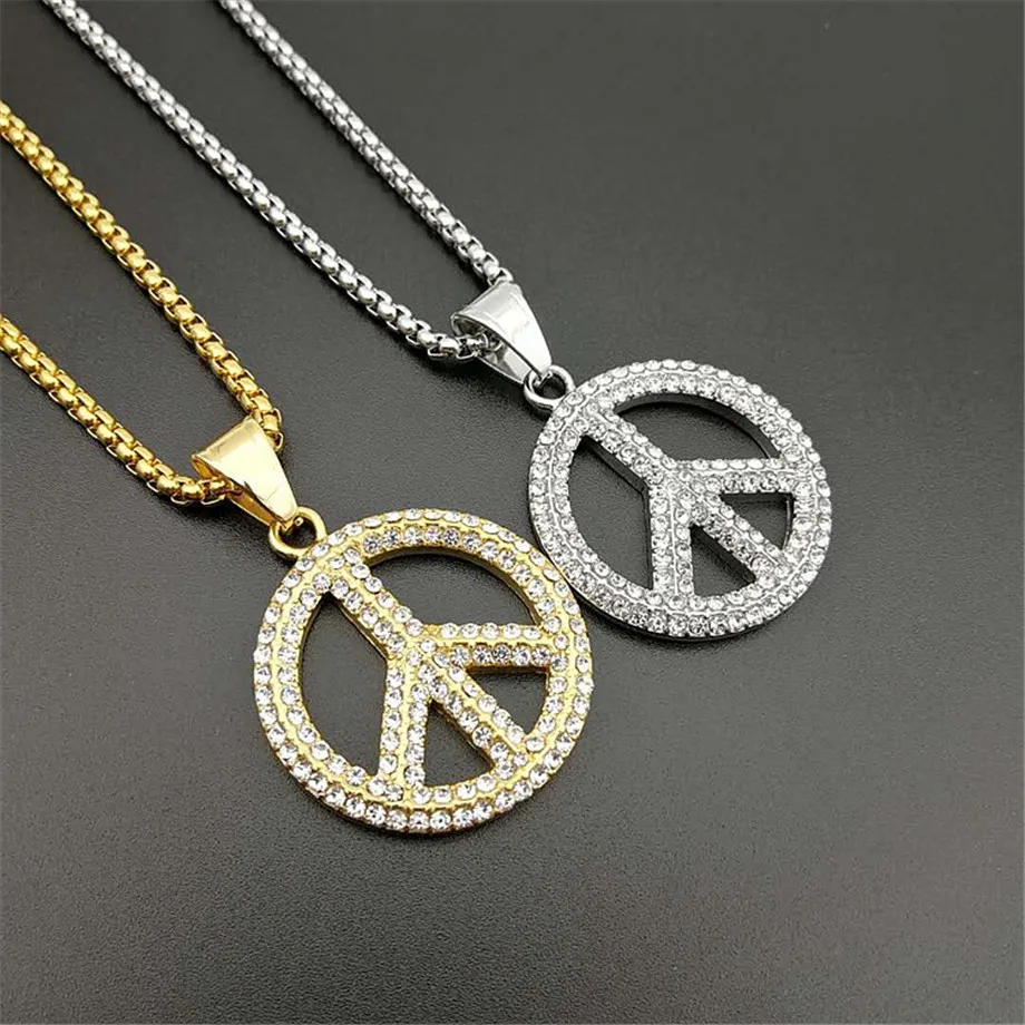 

Hip Hip Iced Out Peace Symbol Anti-War Sign Pendant Necklace For Men Women Gold Color Stainless Steel Necklaces Collier Jewelry